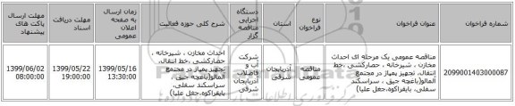 مناقصه عمومی یک مرحله ای احداث مخازن ، شیرخانه ، حصارکشی ،خط انتقال، تجهیز پمپاژ در مجتمع آلمالو(باغچه جیق ، سراسکند سفلی، بایقراکوه،جغل علیا)