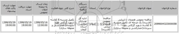 مناقصه عمومی همزمان با ارزیابی (فشرده) یک مرحله ای تکمیل مدرسه 6 کلاسه شهید گرکانی بلورد سیرجان(حصارکشی و محوطه سازی)