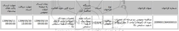 مناقصه عمومی دو مرحله ای تعمیرات دوره ای (اورهال) واحد 3 بخار نیروگاه شهید سلیمی نکا