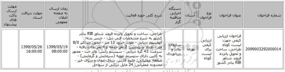 فراخوان ارزیابی کیفی جهت لیست کوتاه طراحی، ساخت و تحویل پانزده فروند شناور RIB بنادر کشور