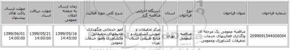 مناقصه عمومی یک مرحله ای واگذاری فعالیتهای خدمات تحقیقات کشاورزی وعمومی