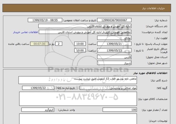 استعلام ماهی تازه بوشهر قلاب 12 کیلویی طبق لیست پیوست
