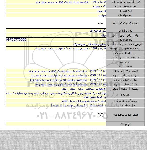 واگذاری یک قطعه زمین با کاربری هتل ۵ ستاره در قالب اجاره به شرط تملیک ۵ ساله در حریم شهر ایلام