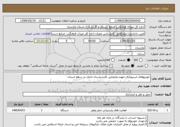 استعلام خودروهای استیجاری جهت جابجایی کارشناسان اداری در سطح استان