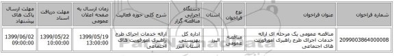 مناقصه عمومی یک مرحله ای                                                      ارائه خدمات اجرای طرح راهبری امورفوریت های اجتماعی