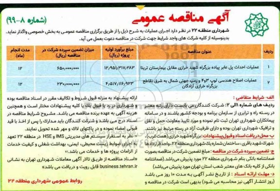 مناقصه, مناقصه عملیات احداث پل عابر پیاده شهید    و ...