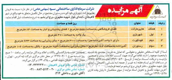 آگهی مزایده،مزایده فروش هایپرمارکت ، شهربازی و فودکورت