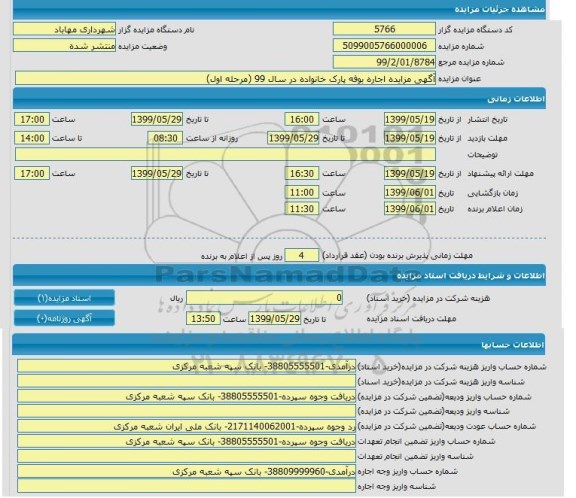 مزایده اجاره بوفه پارکت خانواده در سال 99 مرحله اول