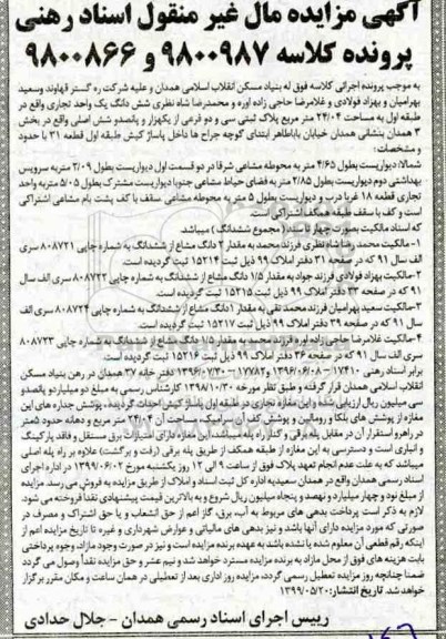 آگهی مزایده مزایده ششدانگ یک واحد تجاری 24.04 مترمربع