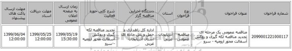 مناقصه عمومی یک مرحله ای تجدید مناقصه لکه گیری و روکش آسفالت محور ارومیه - سرو