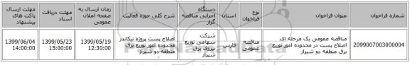 مناقصه عمومی یک مرحله ای اصلاح پست در محدوده امور توزیع برق منطقه دو شیراز
