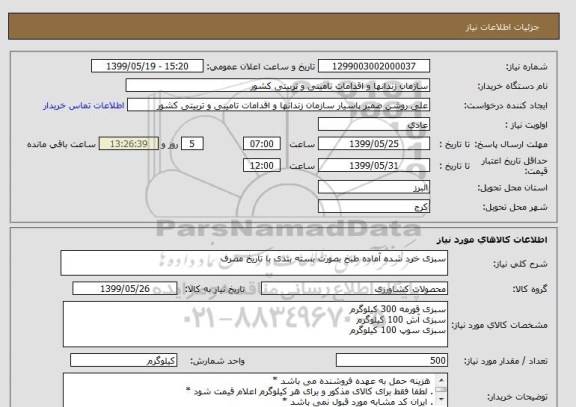استعلام سبزی خرد شده آماده طبخ بصورت بسته بندی با تاریخ مصرف