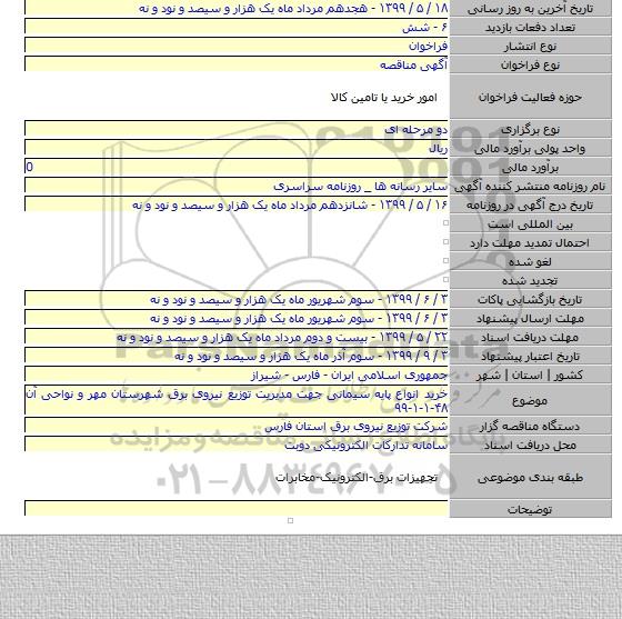 خرید انواع پایه سیمانی جهت مدیریت توزیع نیروی برق شهرستان مهر و نواحی آن ۴۸-۱-۱-۹۹