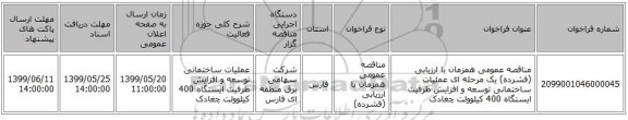 مناقصه عمومی همزمان با ارزیابی (فشرده) یک مرحله ای عملیات ساختمانی توسعه و افزایش ظرفیت ایستگاه 400 کیلوولت چغادک