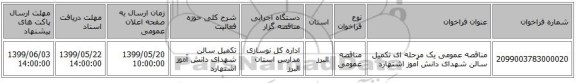 مناقصه عمومی یک مرحله ای تکمیل سالن شهدای دانش آموز اشتهارد 