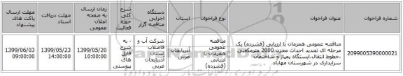 مناقصه عمومی همزمان با ارزیابی (فشرده) یک مرحله ای تجدید احداث مخزن 2000 مترمکعبی ،خطوط انتقال،ایستگاه پمپاژ و ساختمان سرایداری در شهرستان مهاباد