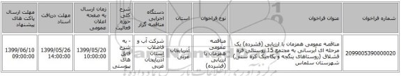 مناقصه عمومی همزمان با ارزیابی (فشرده) یک مرحله ای آبرسانی به مجتمع 15 روستائی قره قشلاق (روستاهای ینگجه و پکاجیک کره سنی) شهرستان سلماس