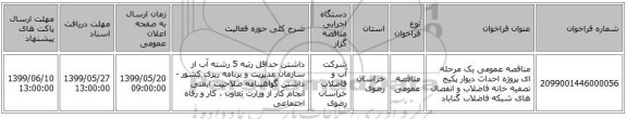 مناقصه عمومی یک مرحله ای پروژه احداث دیوار پکیج تصفیه خانه فاضلاب و انفصال های شبکه فاضلاب گناباد 