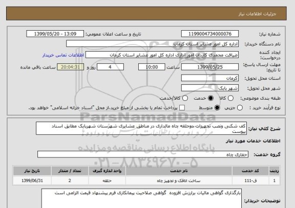 استعلام کف شکنی ونصب تجهیزات دوحلقه چاه مالداری در مناطق عشایری شهرستان شهربابک مطابق اسناد پیوست