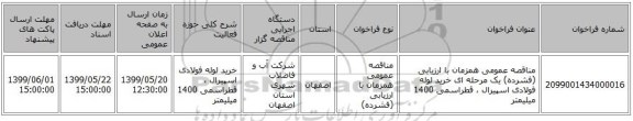 مناقصه عمومی همزمان با ارزیابی (فشرده) یک مرحله ای خرید لوله فولادی اسپیرال ، قطراسمی 1400 میلیمتر