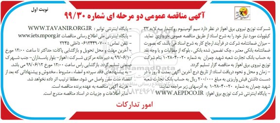 مناقصه , مناقصه سیم آلومینیوم روکشدار سه لایه 33 کیلوولت