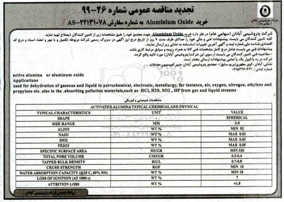 تجدید مناقصه ,تجدید مناقصه خرید Aluminium Oxide 