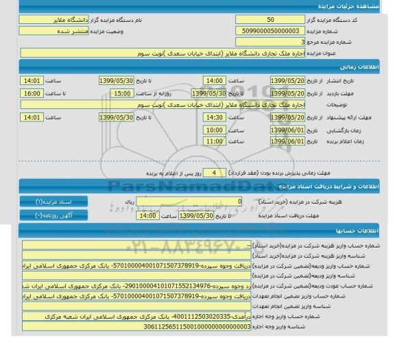 مزایده , مزایده اجاره ملک تجاری دانشگاه 