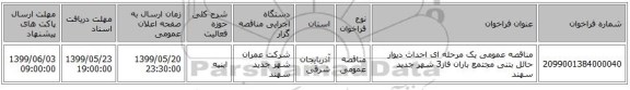 مناقصه عمومی یک مرحله ای احداث دیوار حائل بتنی مجتمع باران فاز3 شهر جدید سهند