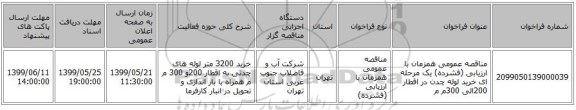 مناقصه عمومی همزمان با ارزیابی (فشرده) یک مرحله ای خرید لوله چدن   در اقطار 200الی 300م م 