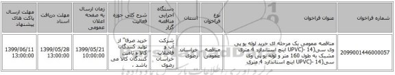 مناقصه عمومی یک مرحله ای خرید لوله یو پی وی سی(UPVC)- 14 اینچ استاندارد 4 متری مشبک به طول 160 متر و  لوله یو پی وی سی(UPVC)- 14 اینچ استاندارد 4 متری