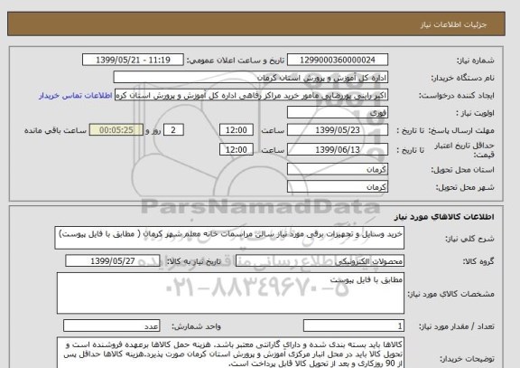 استعلام خرید وسایل و تجهیزات برقی مورد نیاز سالن مراسمات خانه معلم شهر کرمان ( مطابق با فایل پیوست) 