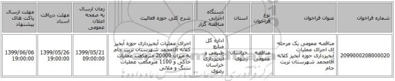 مناقصه عمومی یک مرحله ای اجرای عملیات آبخیزداری حوزه آبخیز کلاته آقامحمد شهرستان تربت جام