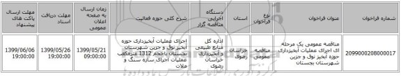 مناقصه عمومی یک مرحله ای اجرای عملیات آبخیزداری حوزه آبخیز نوق و جزین شهرستان بجستان