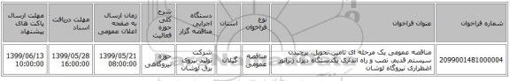 مناقصه عمومی یک مرحله ای تامین،تحویل، برچیدن سیستم قدیم، نصب و راه اندازی یکدستگاه دیزل ژنراتور اضطراری نیروگاه لوشان