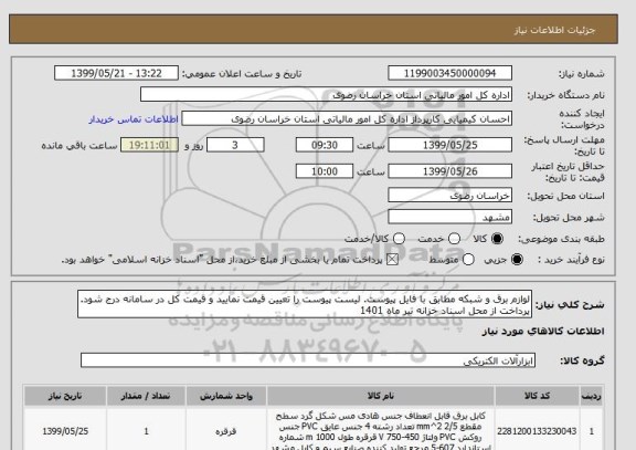 استعلام لوازم برق و شبکه مطابق با فایل پیوست. لیست پیوست را تعیین قیمت نمایید و قیمت کل در سامانه درج شود. پرداخت از محل اسناد خزانه تیر ماه 1401