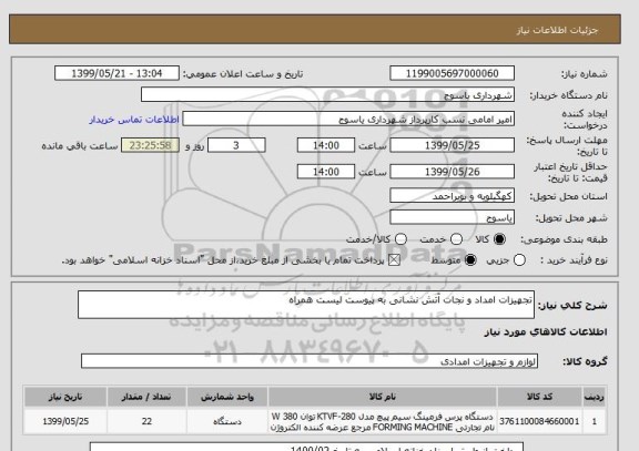 استعلام تجهیزات امداد و نجات آتش نشانی به پیوست لیست همراه 