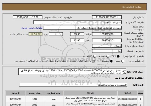 استعلام خرید جدول بتنی پرسی 30*50*8 به تعداد 2000 و 40*50*13 به تعداد 1200 پرسی و پرداخت مبلغ فاکتور طی اسناد خزانه دو ساله می باشد 