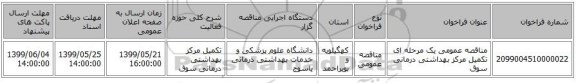 مناقصه عمومی یک مرحله ای تکمیل مرکز بهداشتی درمانی سوق