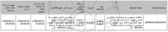 مناقصه عمومی دو مرحله ای زهکشی اراضی اولویت دار استان گلستان ( حوزه گرگانرود و قره سو ) بصورت زیرزمینی و روباز به شماره مناقصه 99/040 - اق . 