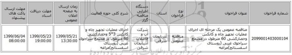 مناقصه عمومی یک مرحله ای اجرای عملیات تجهیز چاه و کانکس وحصارکشی 60 مترطول در مجتمع سراجوی غربی (روستای اسفستانج)مراغه