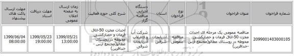 مناقصه عمومی یک مرحله ای احداث مخزن 50-اتاق فرمان و حصارکشی محوطه در روستای عطالو(مجتمع ارس -خدافرین)