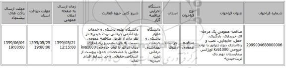 مناقصه عمومی یک مرحله ای خریداری، بارگیری، حمل، جابجایی، نصب و راه‌اندازی دیزل ژنراتور با توان خروجی kva1000 اورژانس بیمارستان نهم دی تربت‌حیدریه