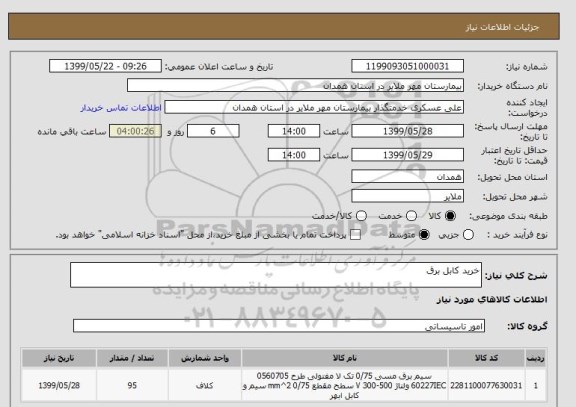 استعلام خرید کابل برق 