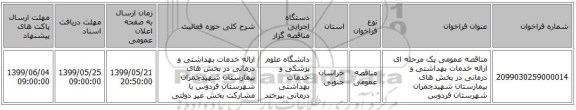 مناقصه عمومی یک مرحله ای ارائه خدمات بهداشتی و درمانی در بخش های بیمارستان شهیدچمران شهرستان فردوس  