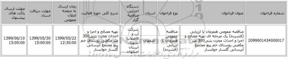 مناقصه عمومی همزمان با ارزیابی (فشرده) یک مرحله ای تهیه مصالح و اجرا و احداث مخزن بتنی300 متر مکعبی روستای خم پیچ مجتمع آبرسانی گلسار خوانسار