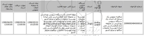 مناقصه عمومی یک مرحله ای احداث یک دستگاه سرویس بهداشتی در محوطه (باغ گیاهشناسی ملی ایران) موسسه تحقیقات جنگلها و مراتع کشور