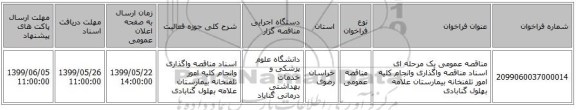 مناقصه عمومی یک مرحله ای اسناد مناقصه واگذاری وانجام کلیه امور تلفنخانه  بیمارستان علامه بهلول گنابادی