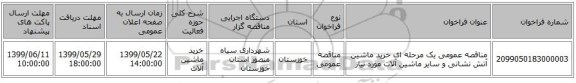 مناقصه عمومی یک مرحله ای خرید ماشین آتش نشانی و سایر ماشین آلات مورد نیاز