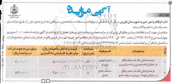 مزایده ، مزایده موقوفات و مساجد بدون سرقفلی 