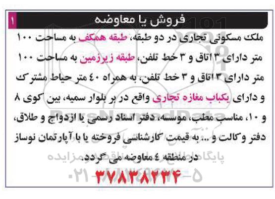 آگهی مزایده مزایده فروش یا معاوضه ملک مسکونی تجاری 100 متر دارای 3 اتاق